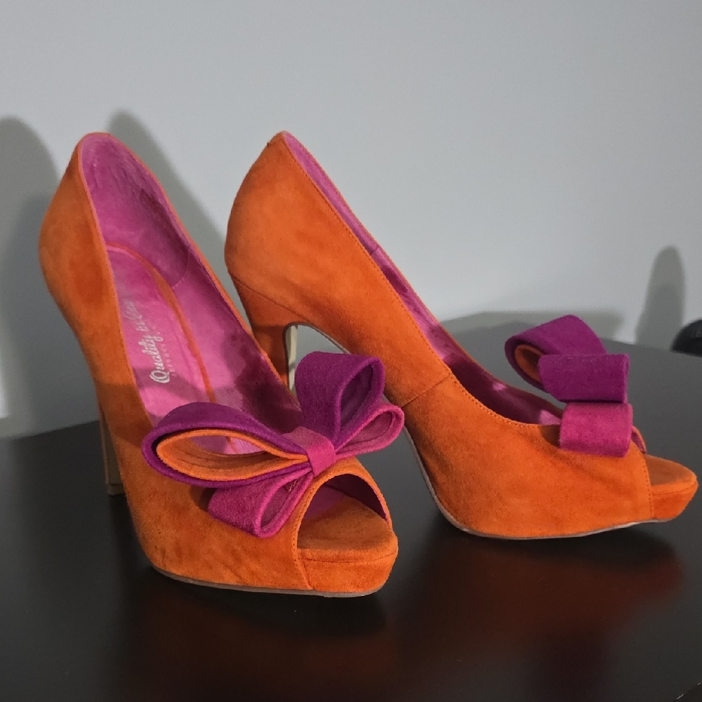 Jeffrey Campbell Suede Orange and Pink Bow Heels- NEVER WORN